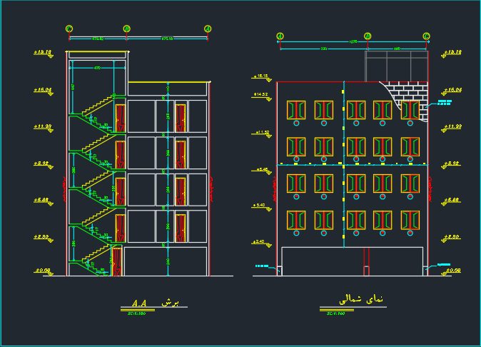 نقشه طراحی فنی ساختمان 4 طبقه